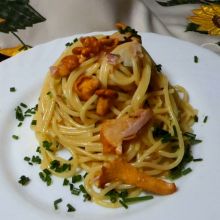 Spaghetti mit Eierschwammerl und Speck