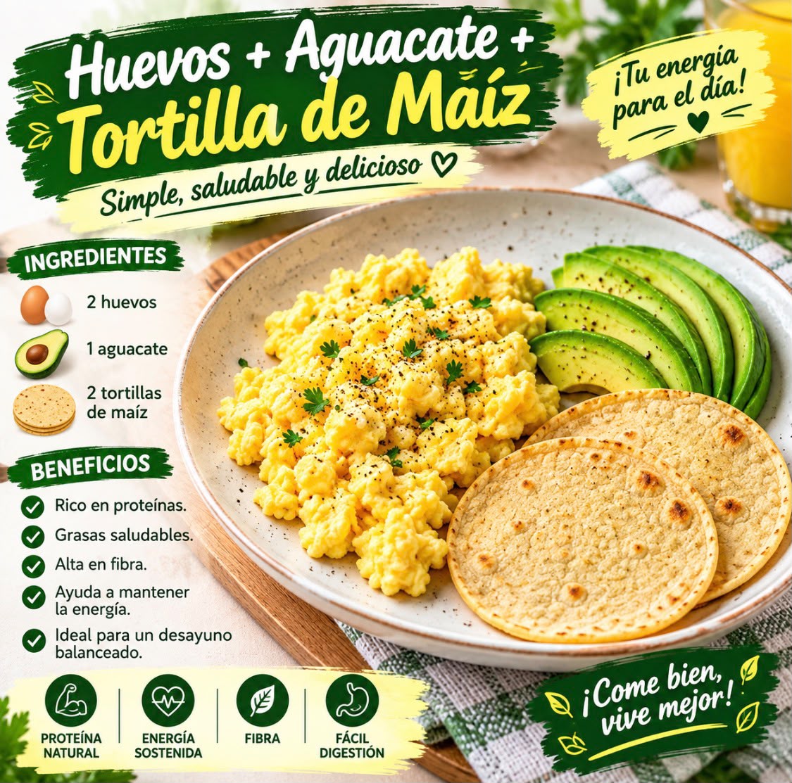 TORTILLA DE MAIZ + HUEVOS + AGUACATE
