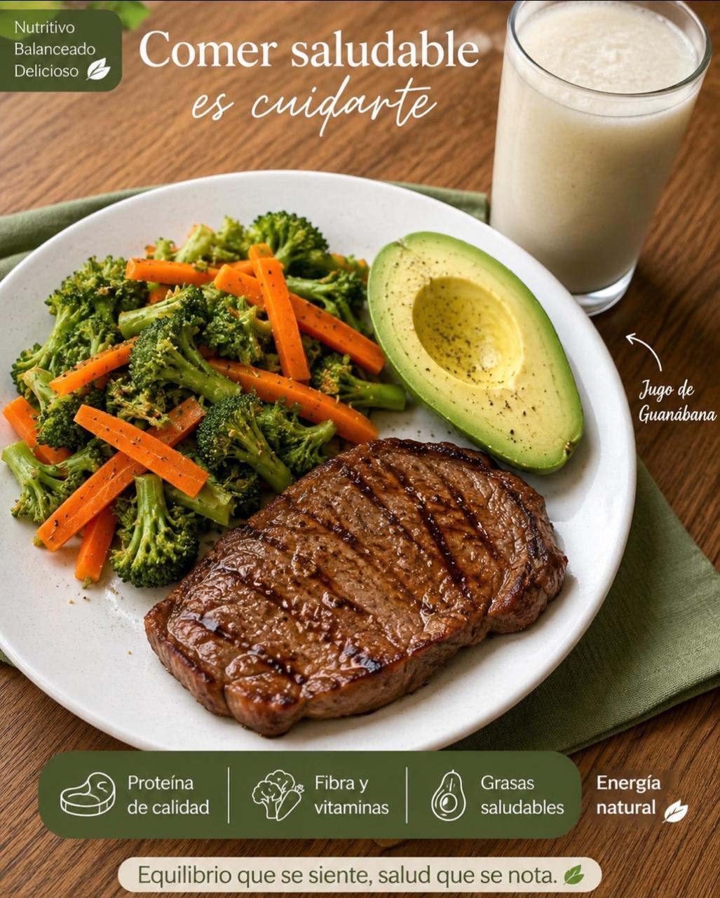 FILETE DE CARNE ENSALADA DE BROCOLI Y ZANAHORIA AGUACATE