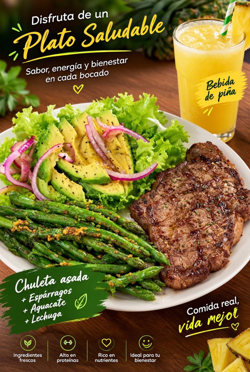 CHULETA ASADA ESPARAGOS AGUACATE LECHUGA