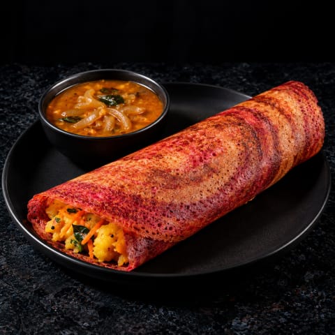 Beetroot Carrot Masala Dosa with Onion Sambar — Veg breakfast from Edibles, Kochi