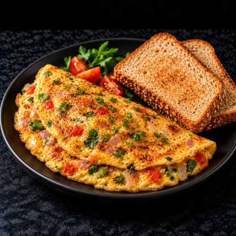 Masala Omelet with Sliced Brown Bread — Egg breakfast from Edibles, Kochi