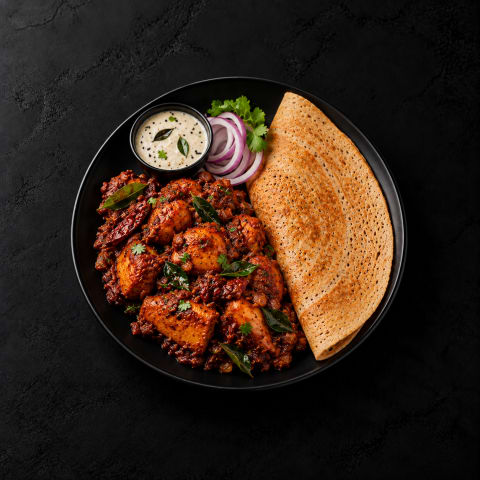 Chicken Ghee Roast With Whole Wheat Dosa — Non-Veg dinner from Edibles, Kochi