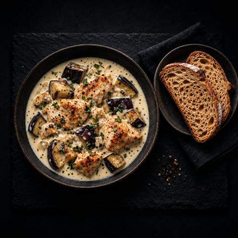 Eggplant Chicken In White Sauce With Bread — Non-Veg dinner from Edibles, Kochi