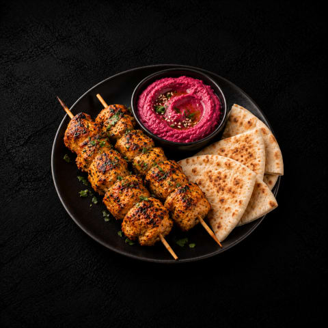 Moroccan Chicken Skewers with Beetroot Hummus & Pita Bread — Non-Veg dinner from Edibles, Kochi
