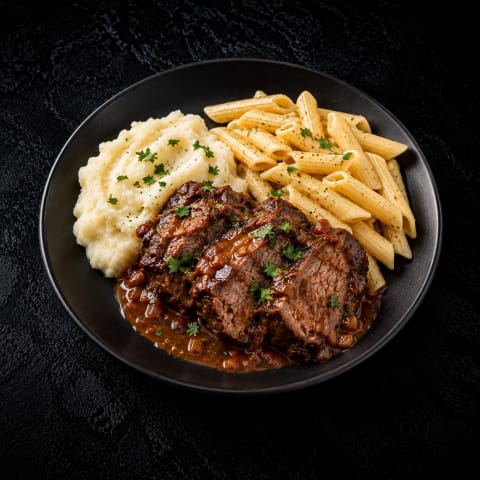 Braised Beef Tenderloin with Pasta & Mashed Potato — Non-Veg lunch from Edibles, Kochi