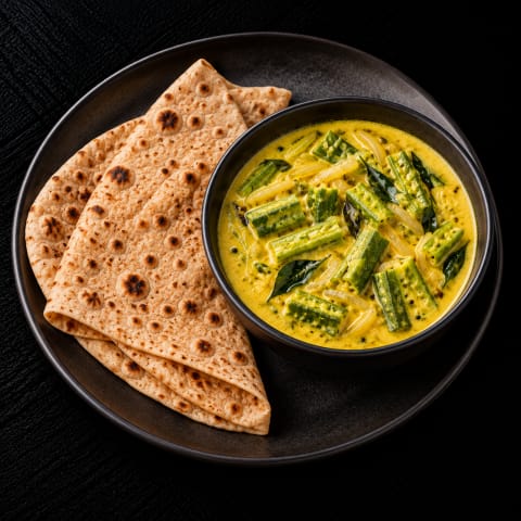 Vendakka Pal Pizhinja Curry With Roti — Veg lunch from Edibles, Kochi
