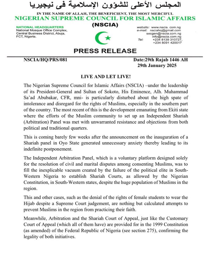 NSCIA Condemns Resistance to Sharia Arbitration Panels in South-West, Calls for Religious Tolerance