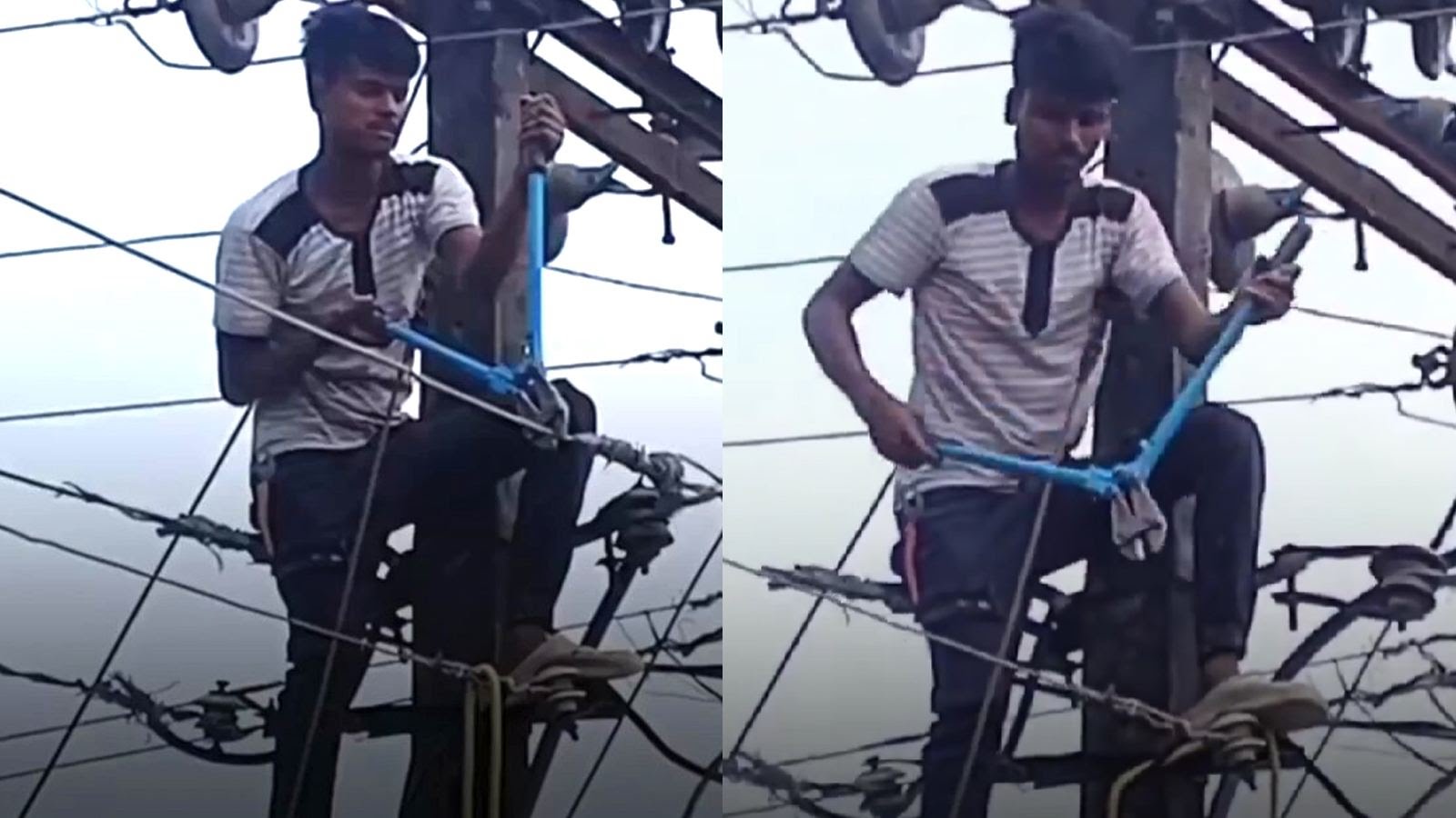 He cut the power!  Indian man climbs electric pole to get girlfriend's attention