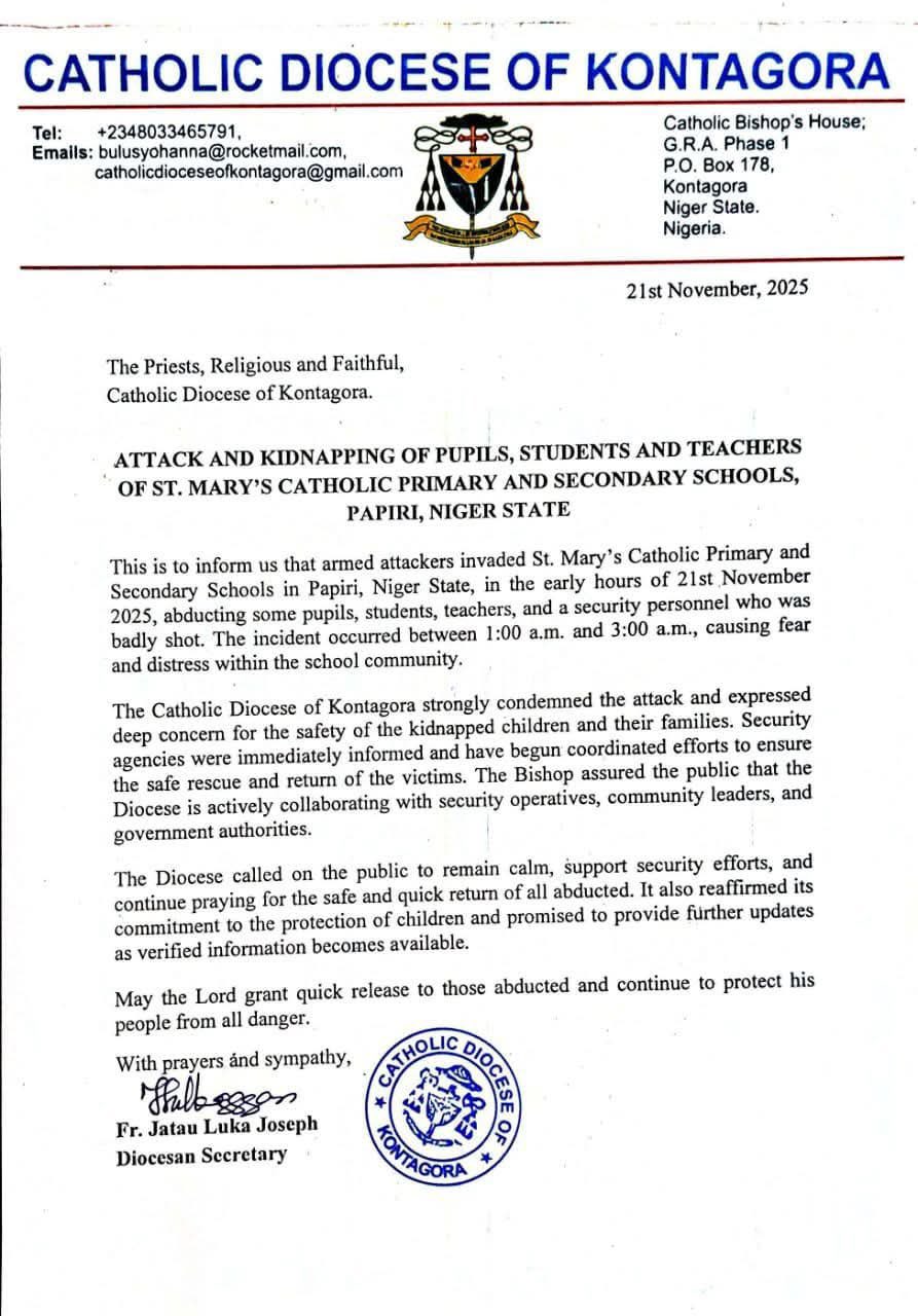 Catholic Diocese Confirms Attack, Mass Kidnapping At St. Mary’s Schools In Niger State