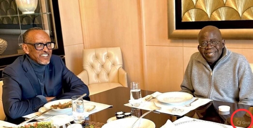 Grok watermark on Tinubu–Kagame Paris meeting photo triggers online debate