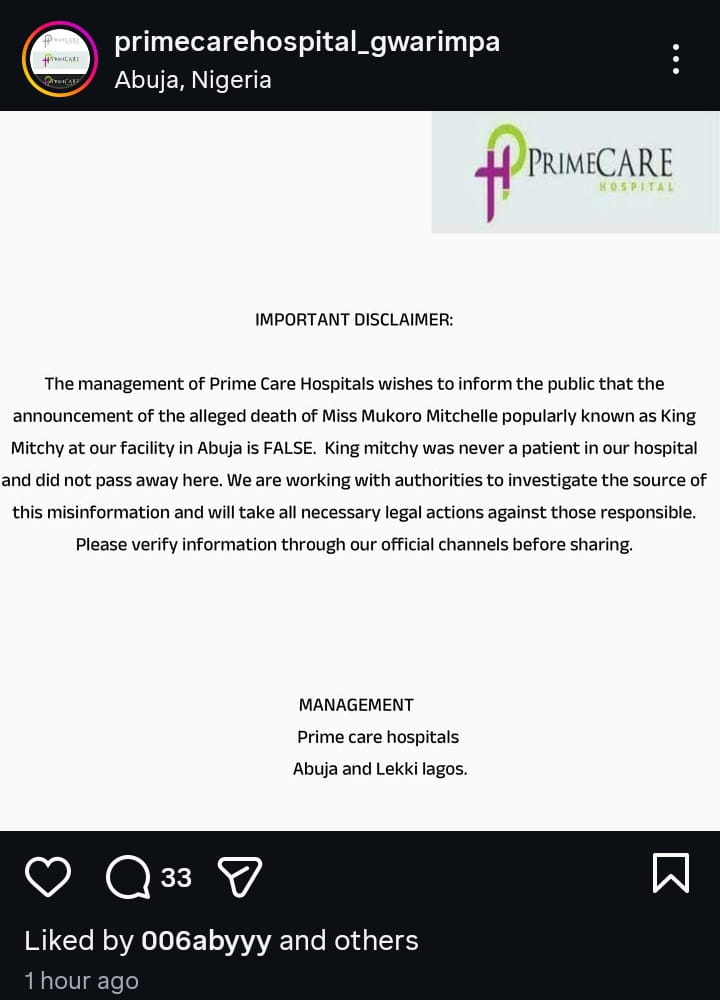 “false And Misleading” — Prime Care Denies Reports On King Mitchy’s Death