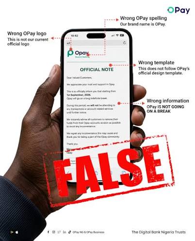 OPay Reassures Customers as Fake September Shutdown Message Spreads Online