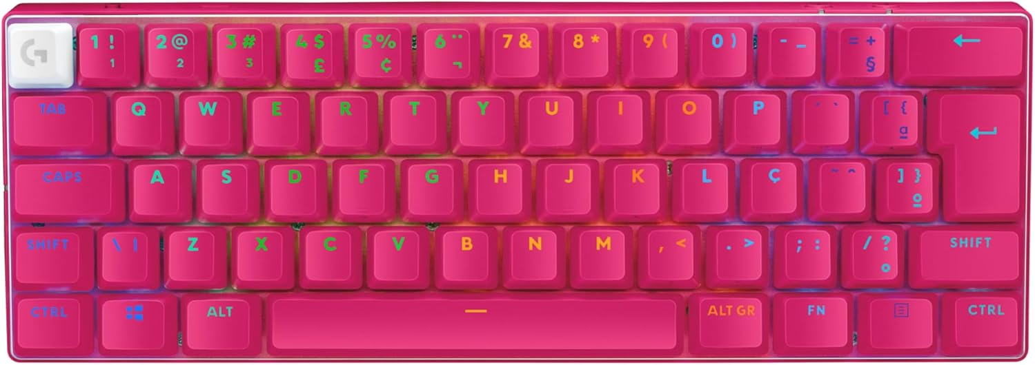 Teclado Mecânico Gamer Sem Fio Logitech G PRO X, LIGHTSPEED, Design Ultra Compacto TKL 60%, Switch Óptico GX Tactile, RGB LIGHTSYNC, Rosa Magenta