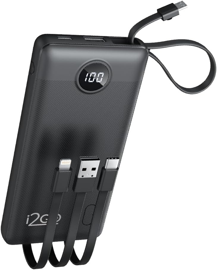 i2GO PRO, Carregador Portátil (Power Bank), 10000mAh, 4 em 1 Com Cabos Acoplados (Micro USB, USB-C, Lightning e USB-A), Preto