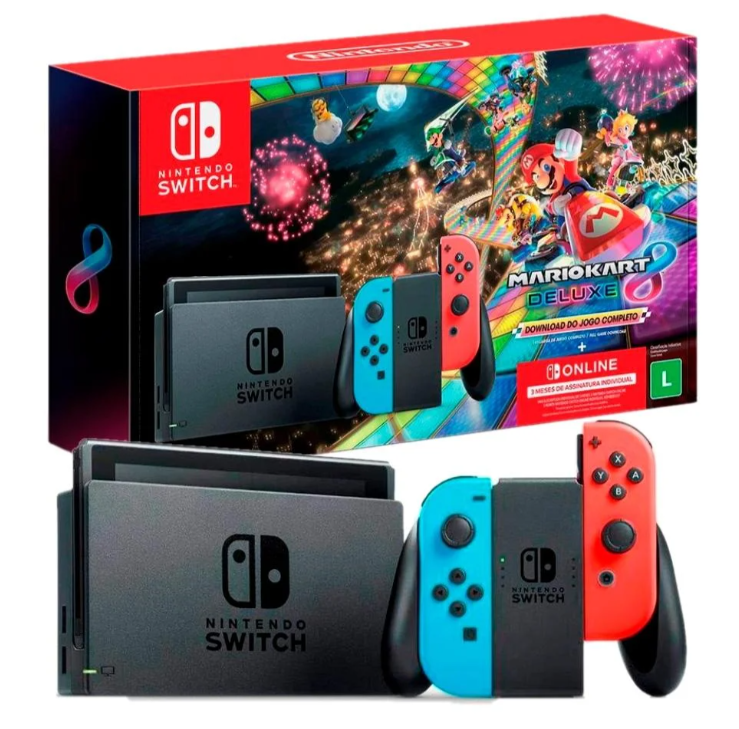 Console Nintendo Switch + Joy-Con Neon + Mario Kart 8 Deluxe + 3 Meses Nintendo Switch Online, Azul/Vermelho, HBDSKABL2