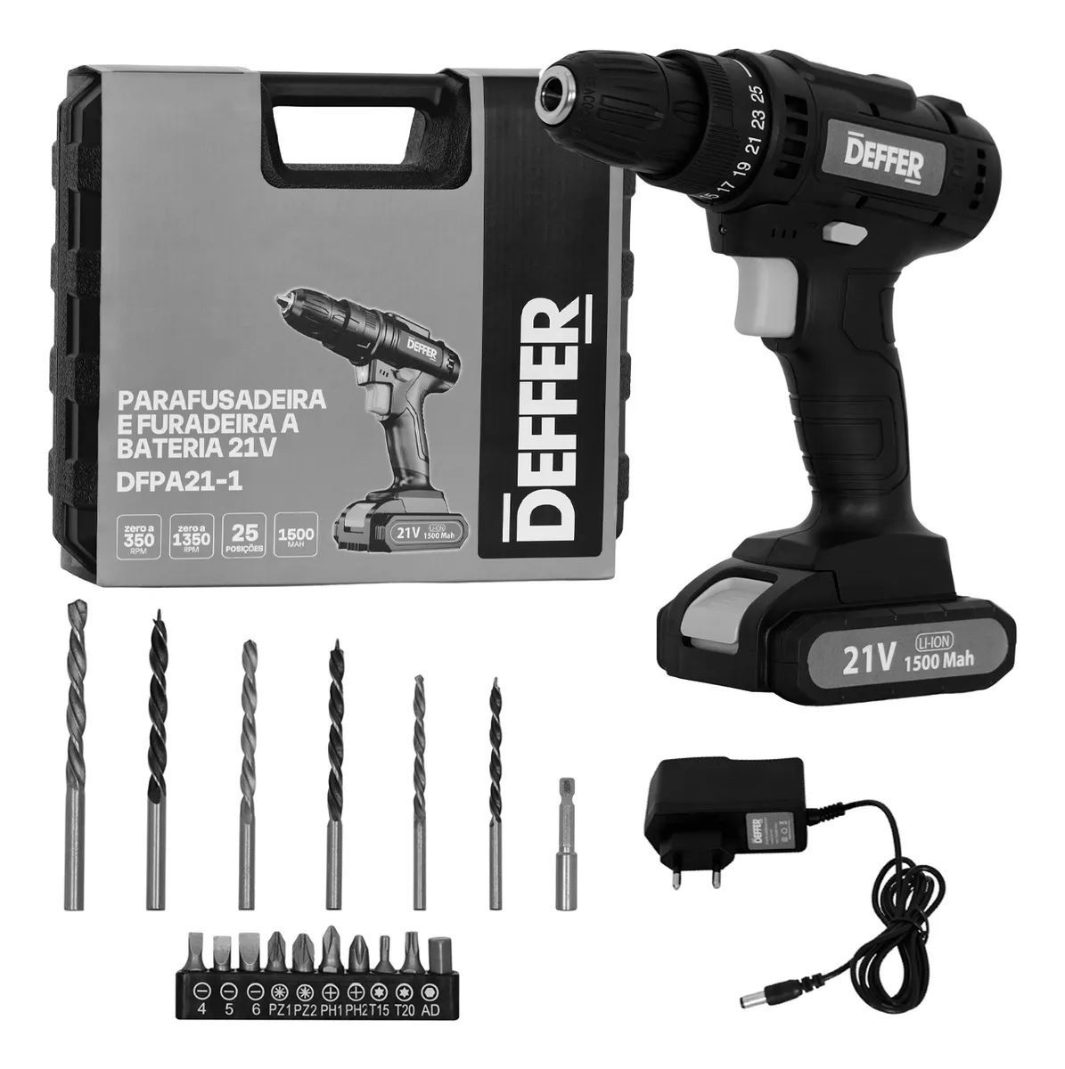 Parafusadeira e Furadeira a Bateria Deffer 21V, 3/8, 1350RPM