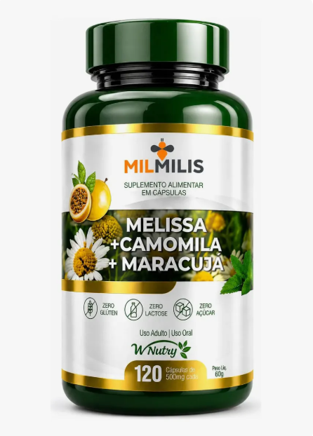 Suplemento Herbal Melissa Camomila e Maracujá 120 Cápsulas Antiestresse