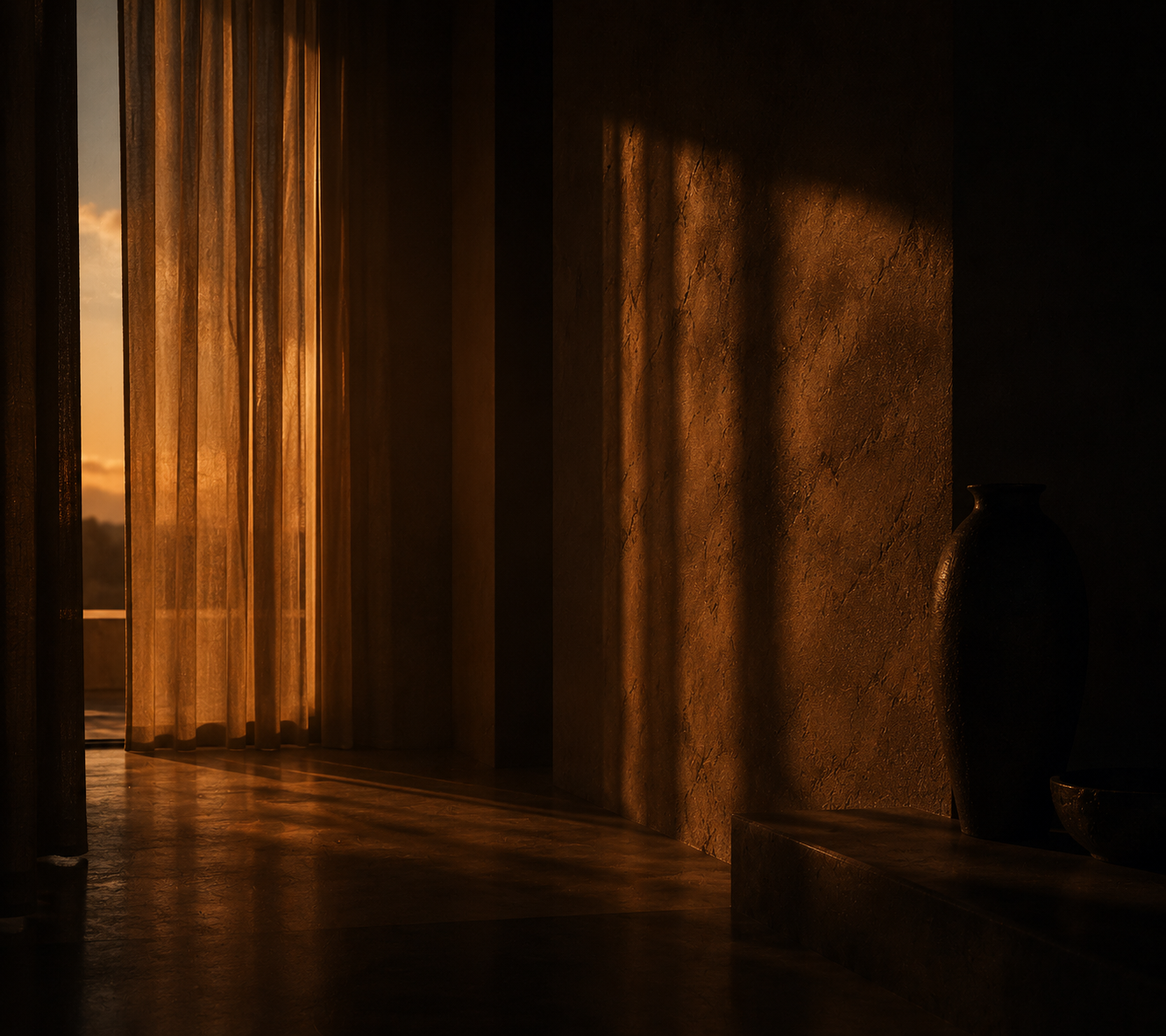 Warm light through curtains