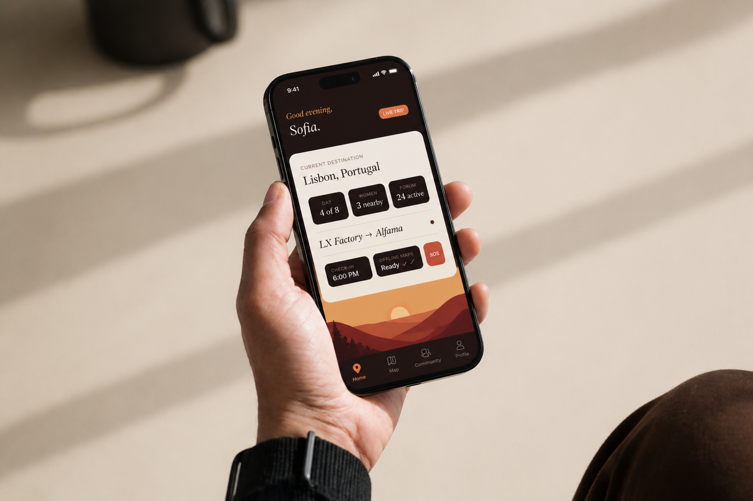 wander app in hand mockup