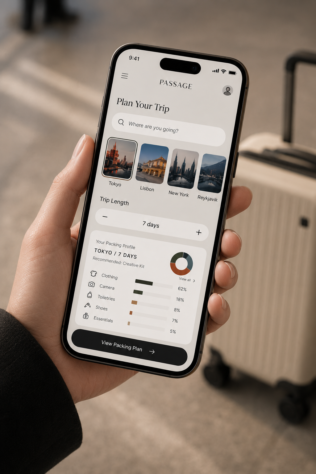 The Passage app open to Plan Your Trip, showing a packing profile for Tokyo over 7 days
