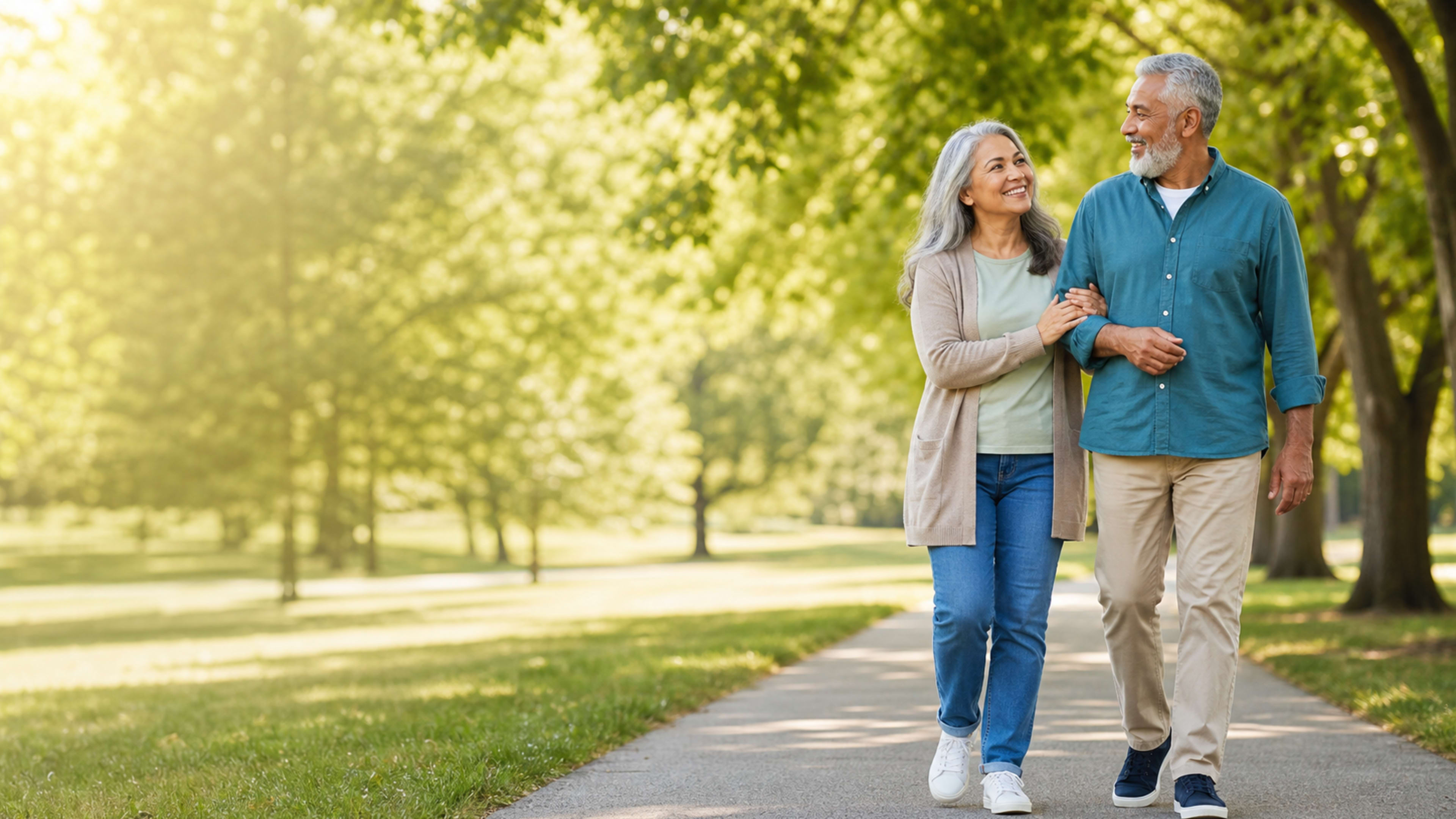 An older couple walking together along a sunlit park path.