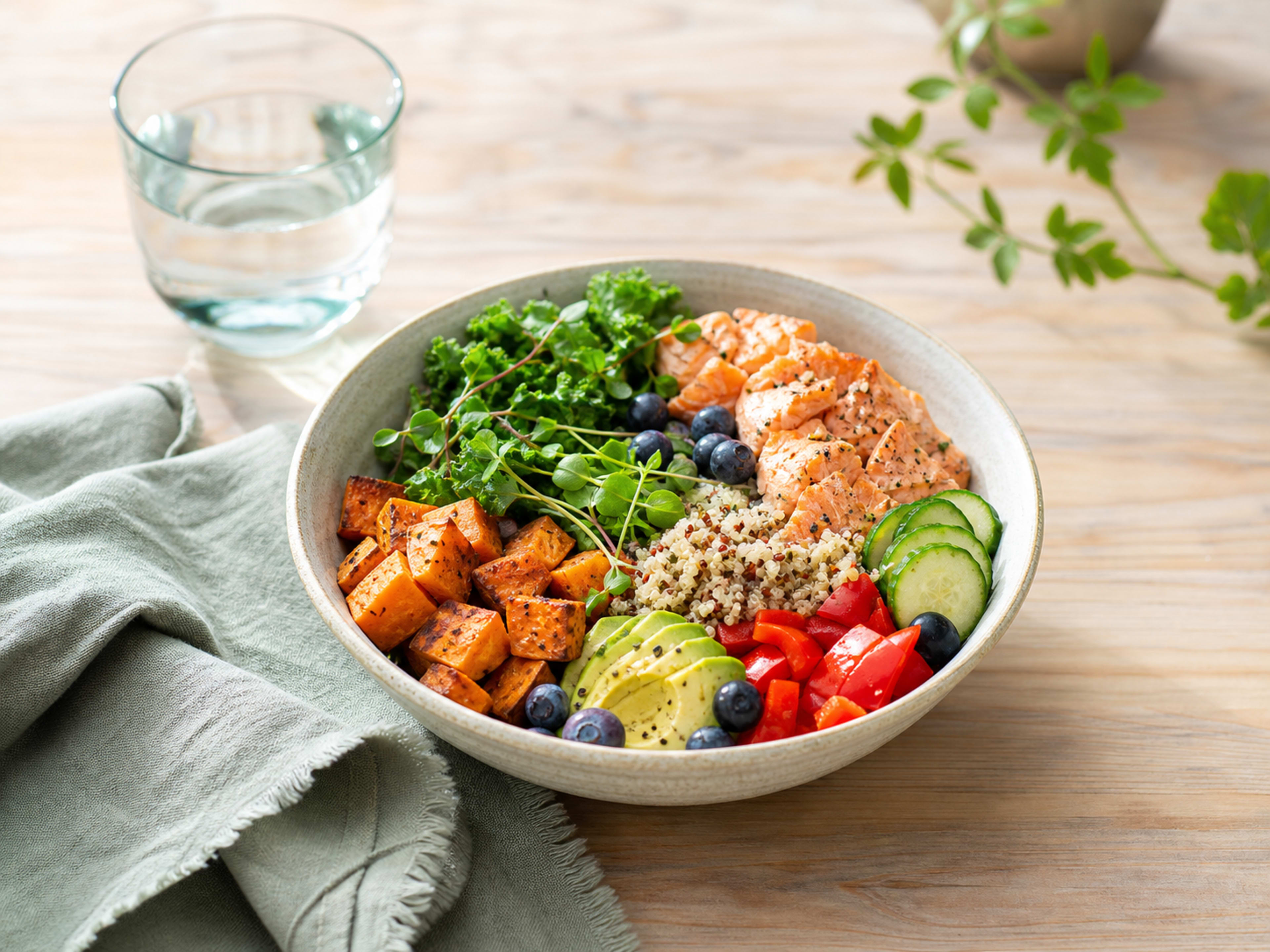 A bowl of whole foods with vegetables, grains and leafy greens.