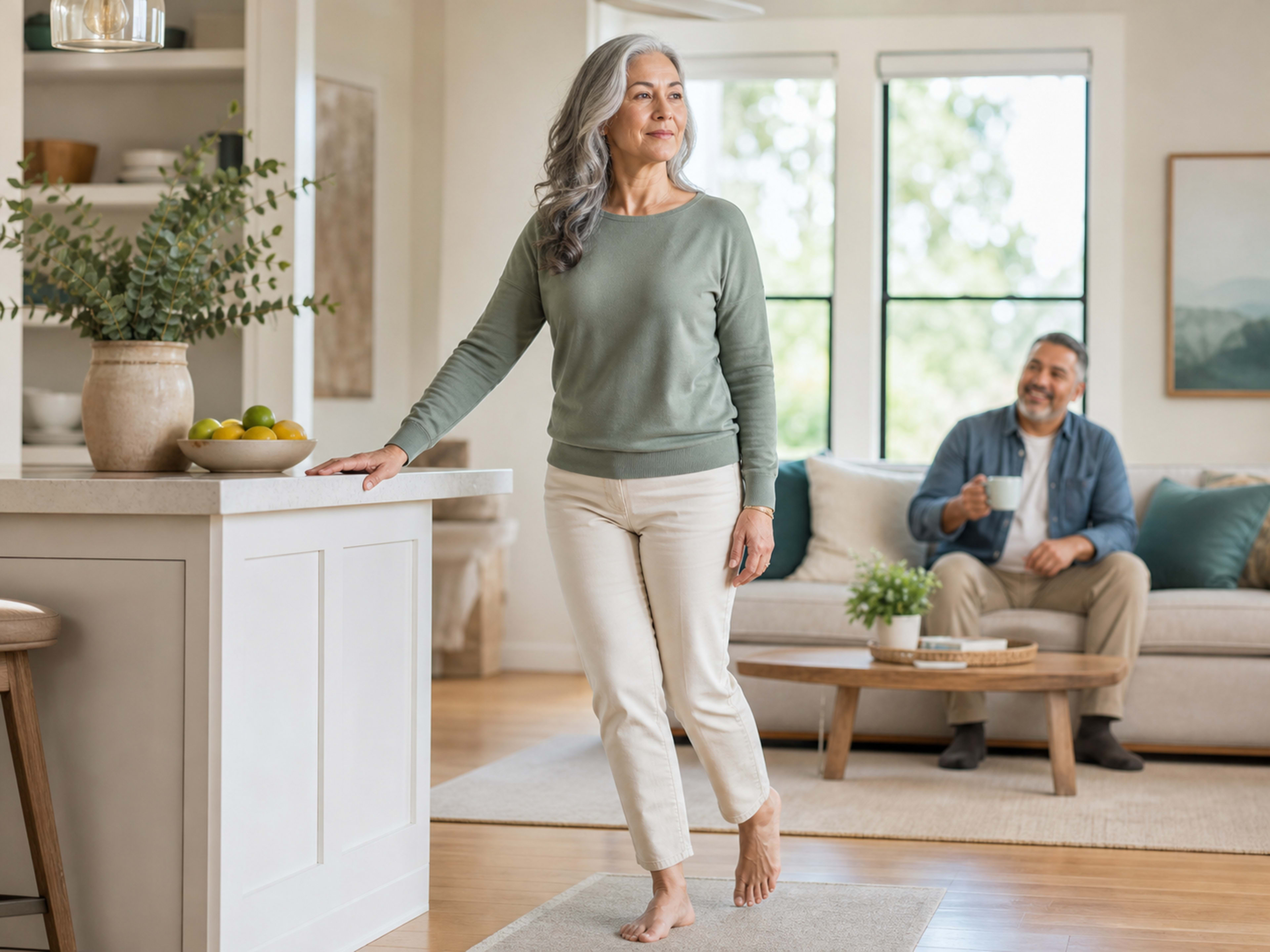 A woman standing barefoot on one leg with her hands together, steadying herself in a balance posture.