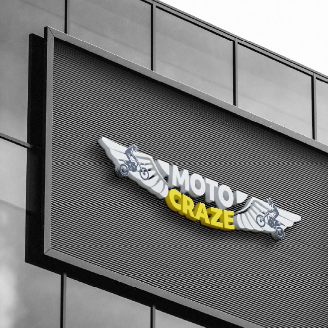 Moto Craze 3D logo signage on a building facade