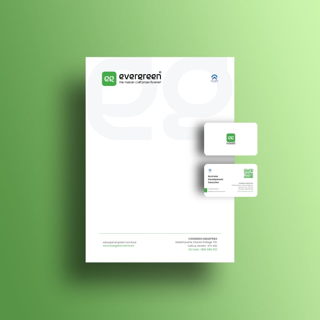 Evergreen letterhead and business cards on green