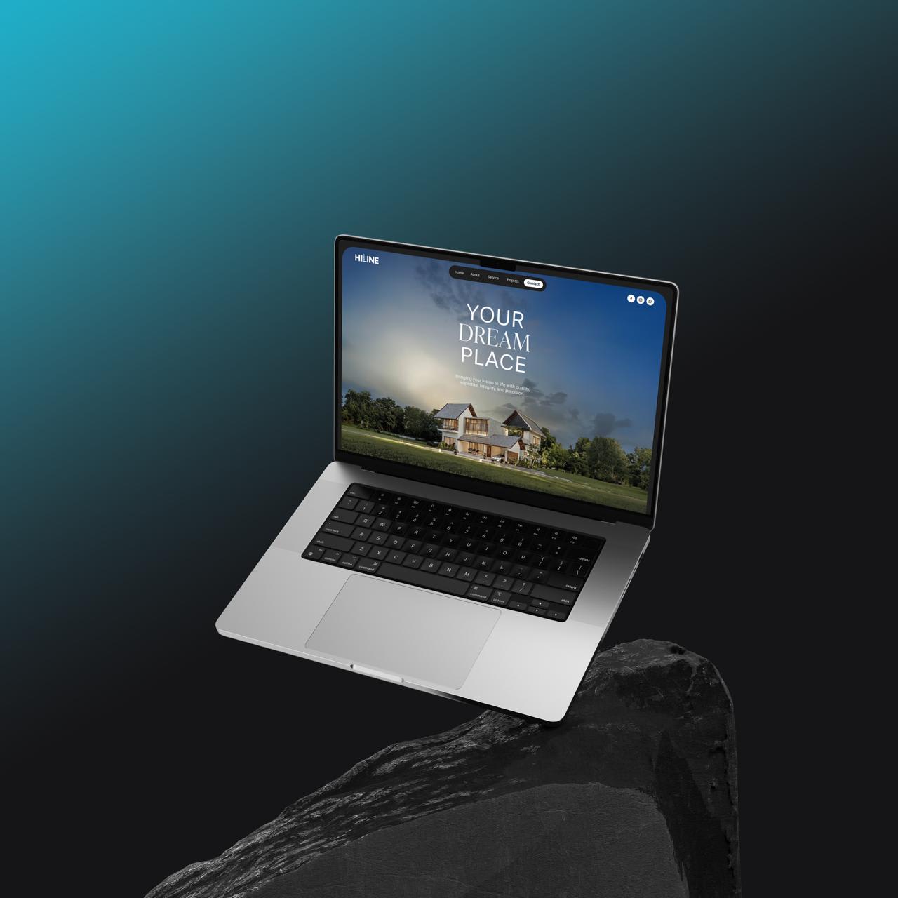 Hiline's first website, which we designed and built, on a laptop: Your Dream Place over a white villa at dusk