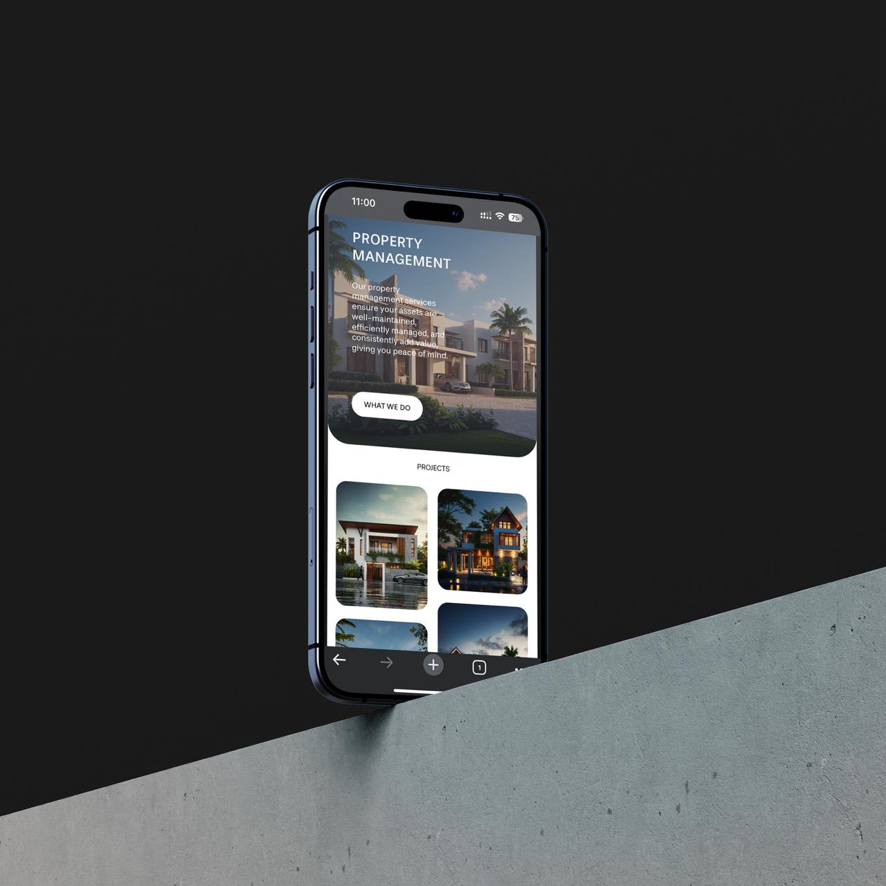 Hiline's first website on a phone: the property management section and rounded project cards