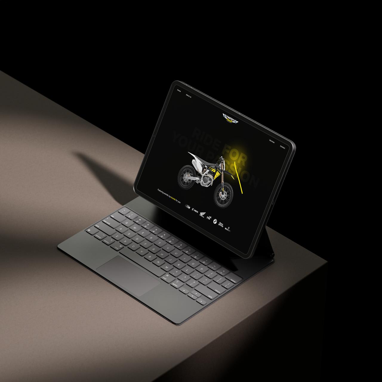 Moto Craze website on a tablet in a dark studio