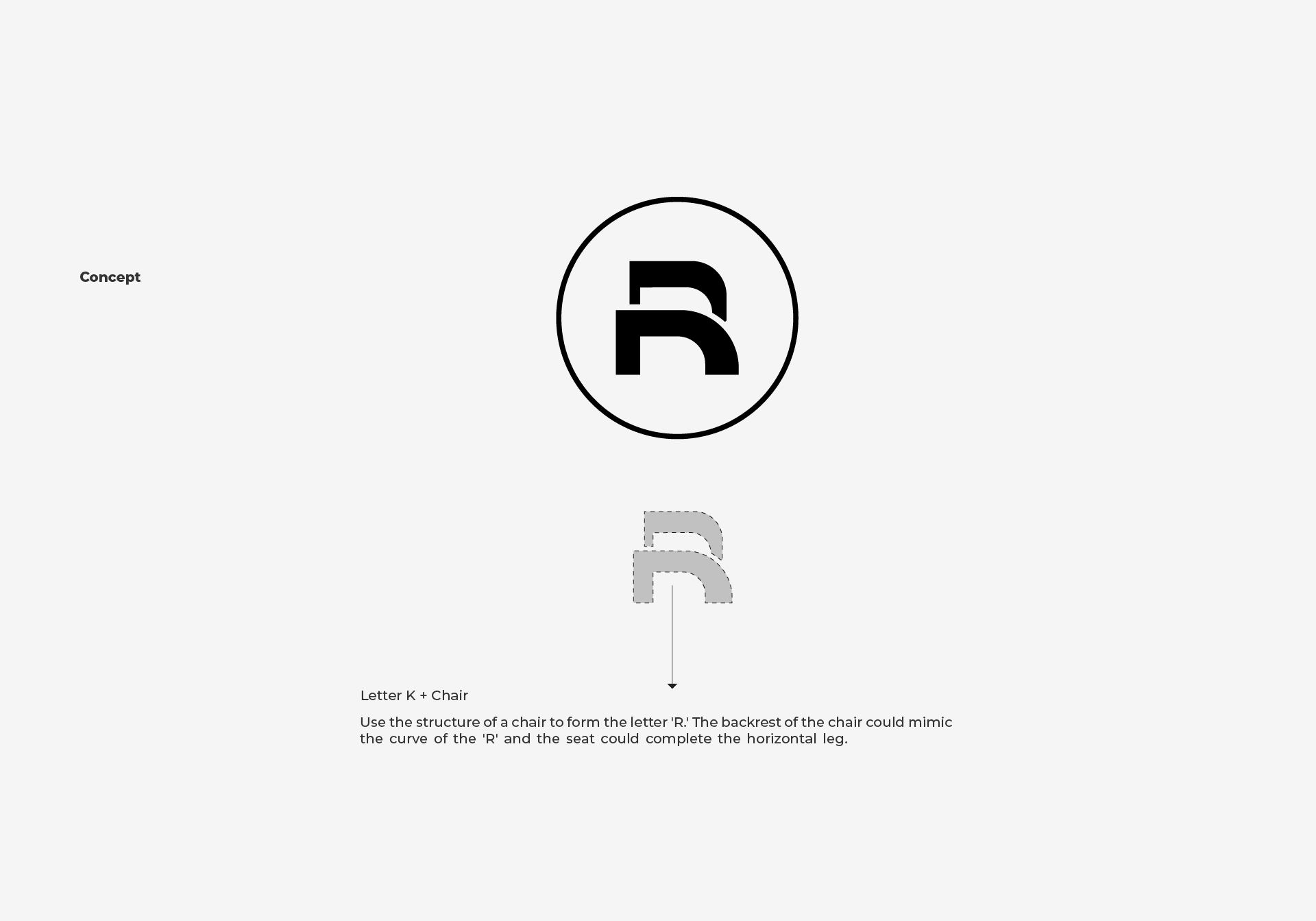 Kursii R-monogram shown in outline and solid form