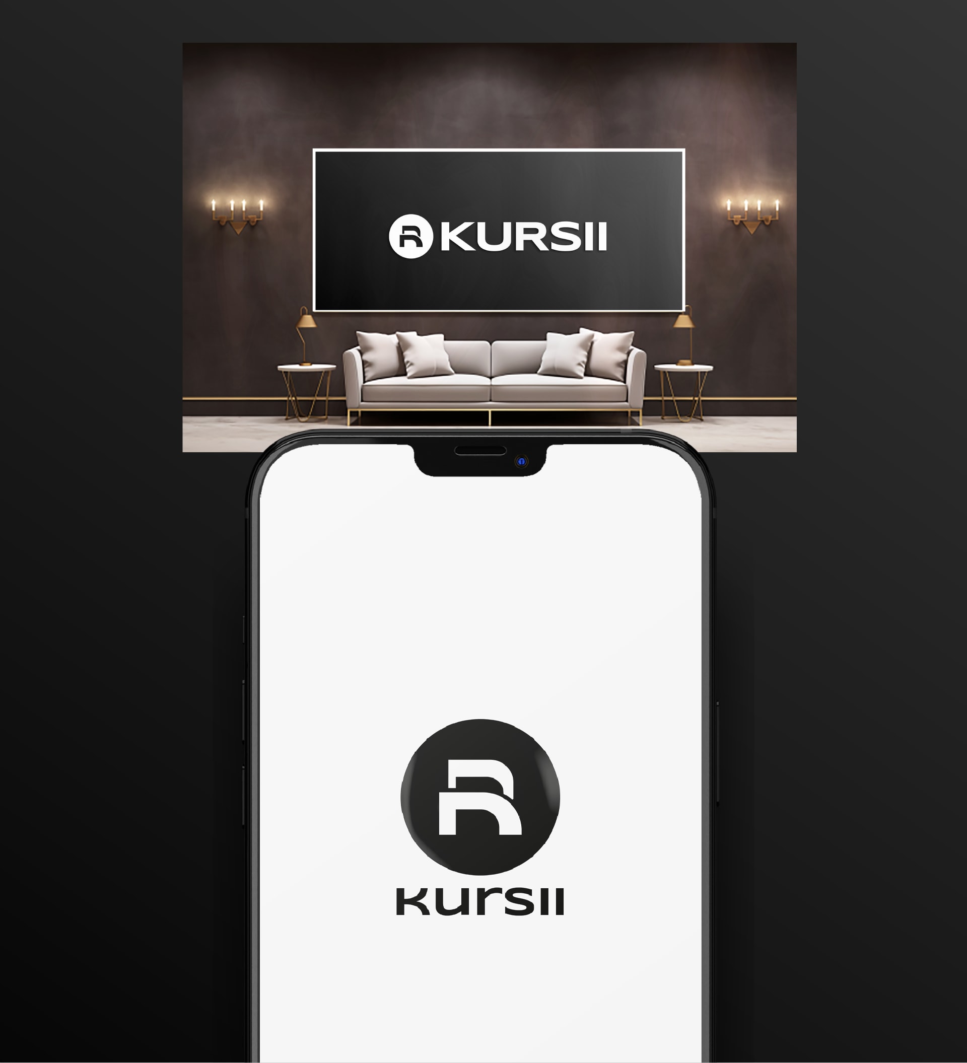 Kursii R-monogram on a phone screen and showroom signage, brand identity mockup