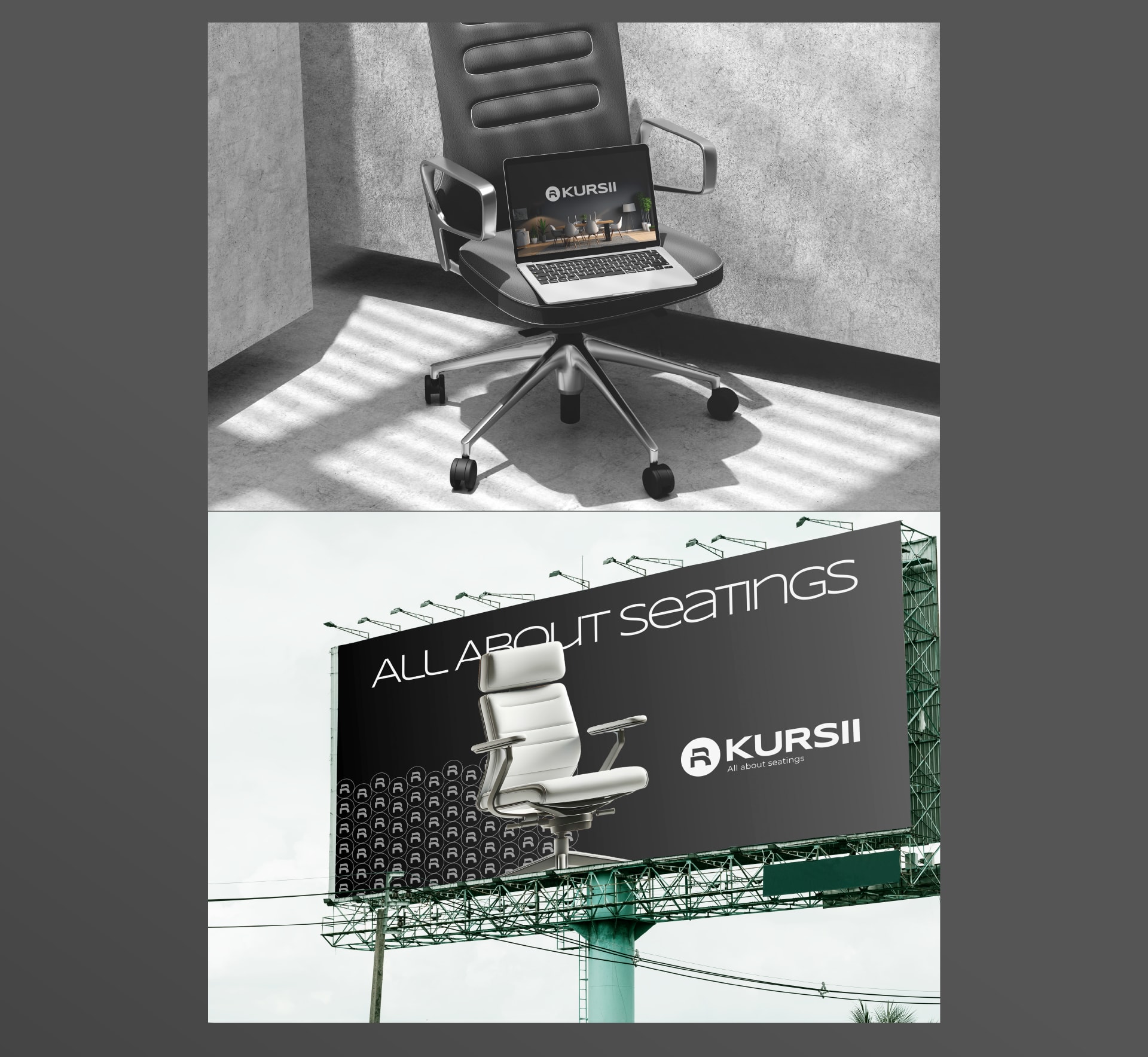 Kursii 'All about seatings' billboard beside an office chair
