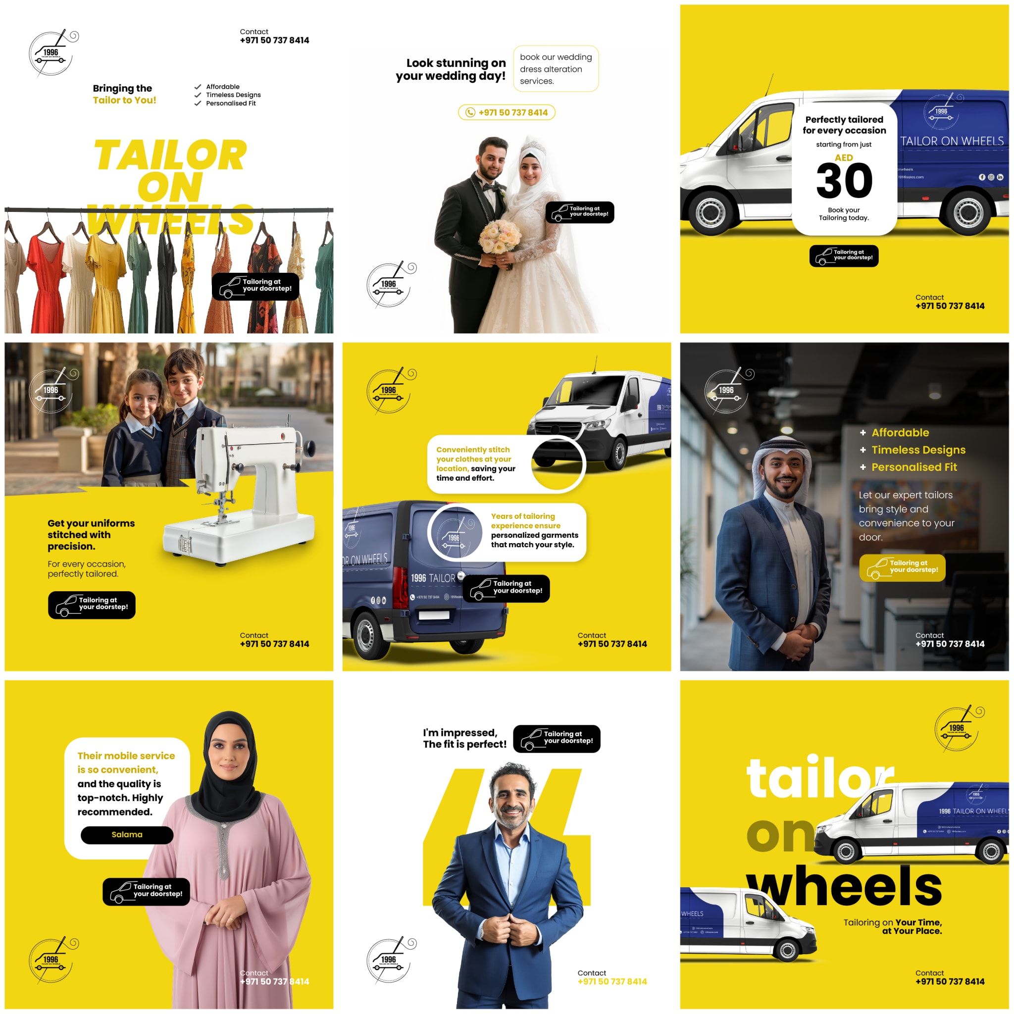 Yellow 'Tailor on Wheels' social campaign grid