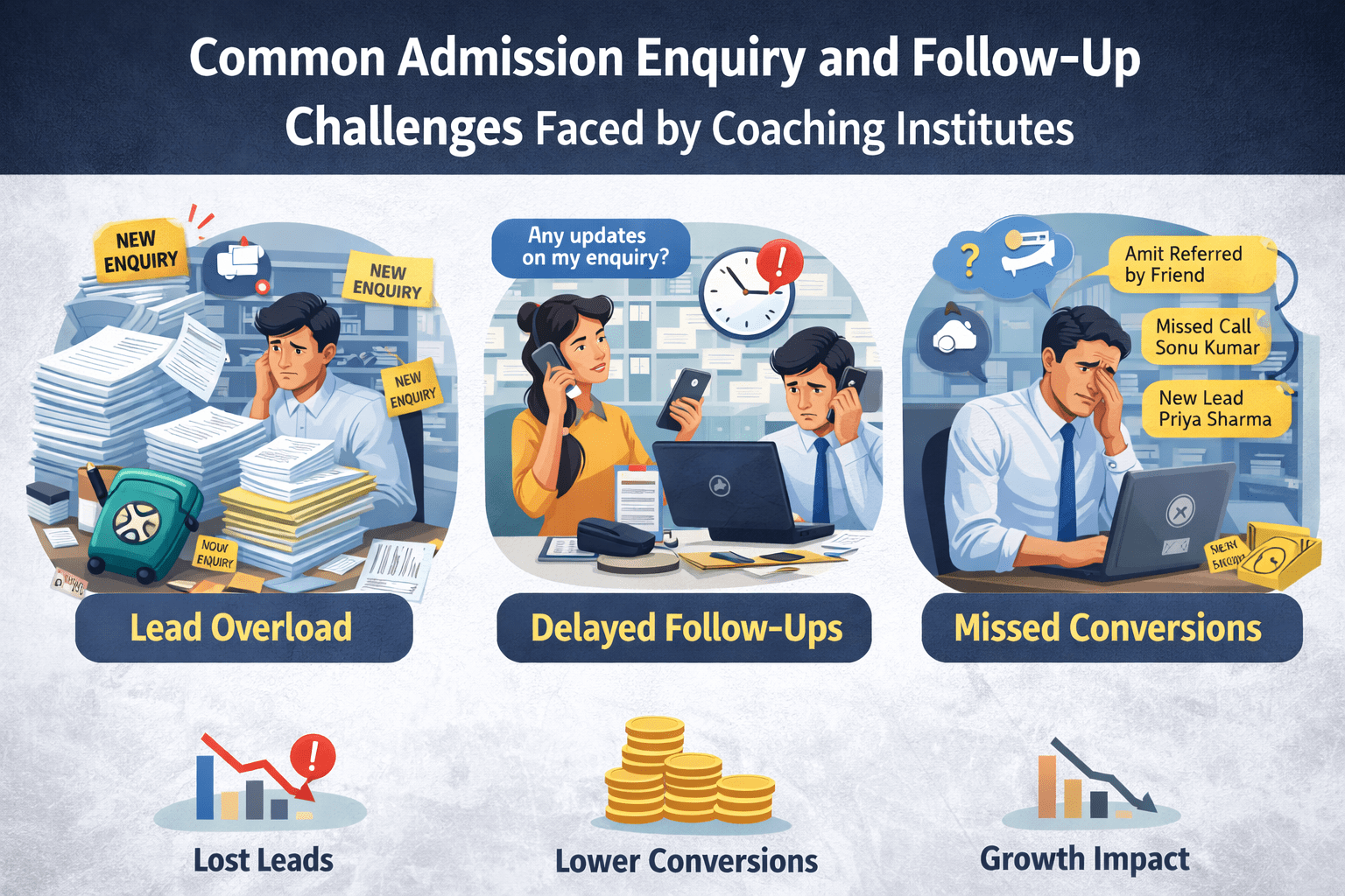 Admission enquiry and follow-up challenges impacting conversions and growth for coaching institutes.