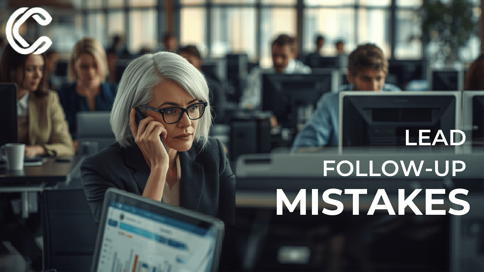 lead follow up mistakes concept showing businesswoman on phone in office with sales team working on computers
