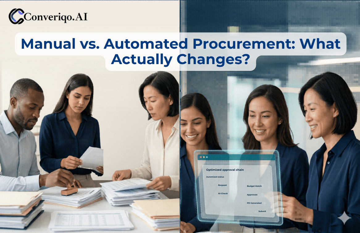 manual vs automated procurement comparison showing paperwork and digital process