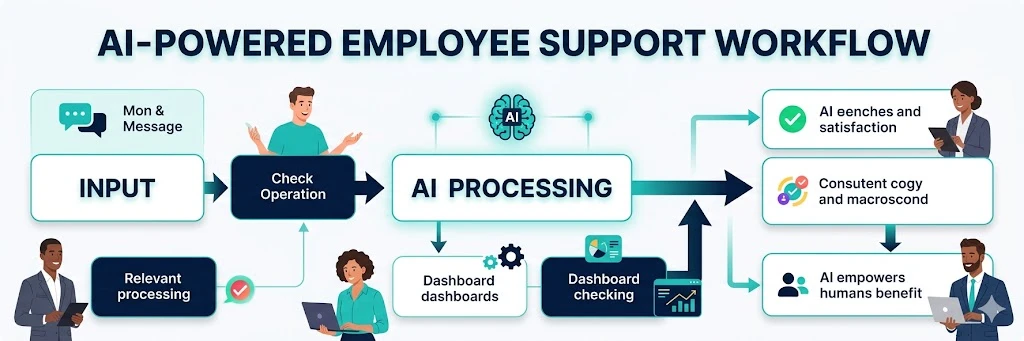 AI powered employee support workflow from input to automation outcomes