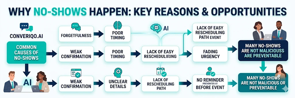 why no shows happen reasons and prevention workflow diagram
