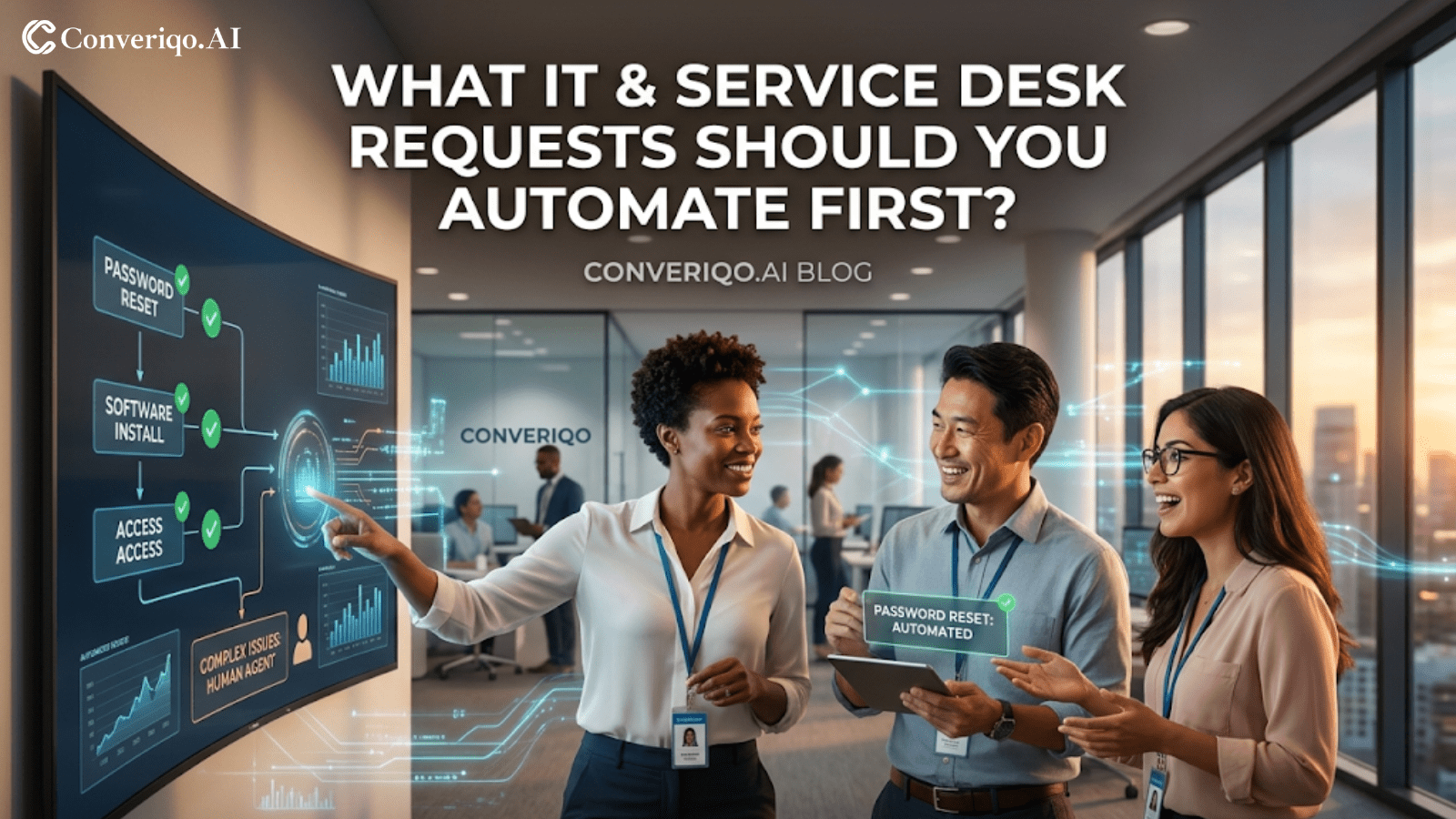 Internal Queries Automate These First: A diverse team looking at a display with workflow automations.