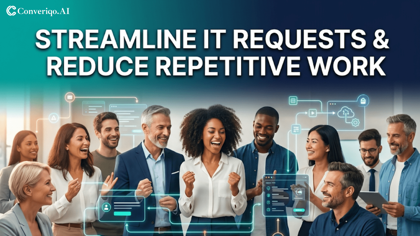 Cut Support Drag Faster Teams with AI: A group of professionals high-fiving while analyzing dashboard analytics and using AI support.