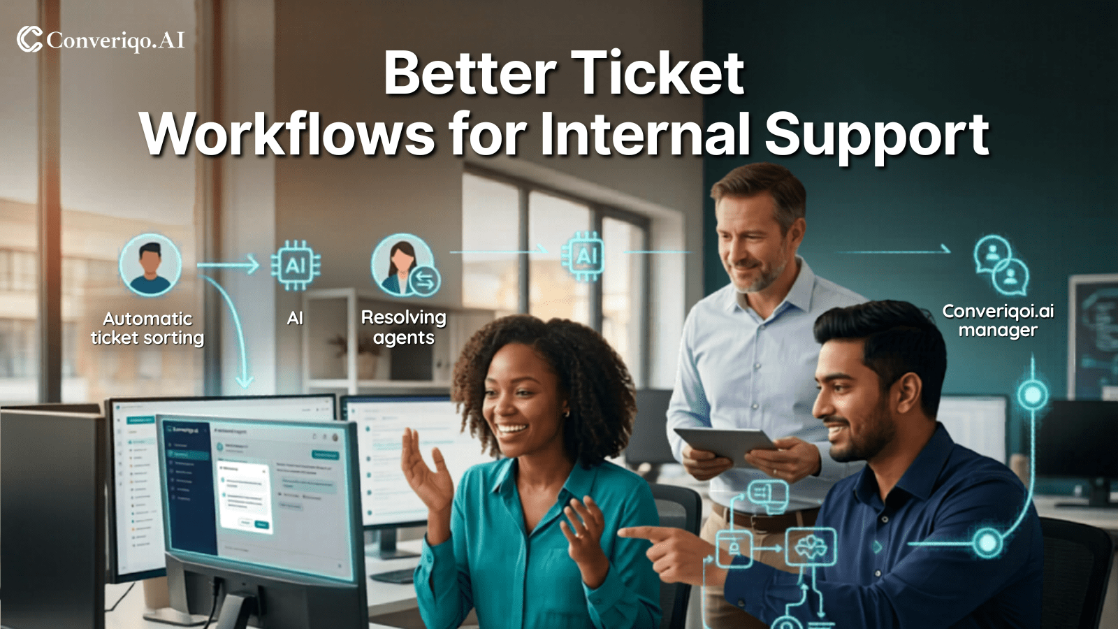 Knowledge Base vs Helpdesk Automation: Professionals discussing workflow automation with AI-driven technology on screen.