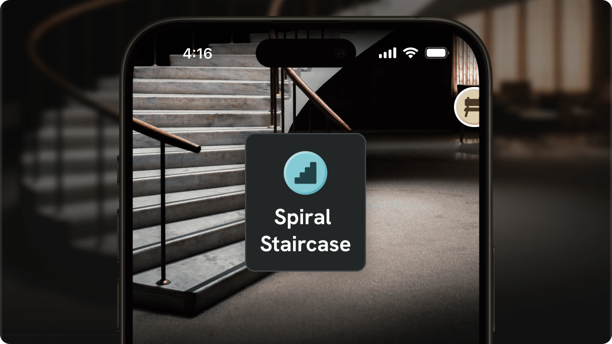 A staircase with a GoodMaps label superimposed that states: “Spiral Staircase”