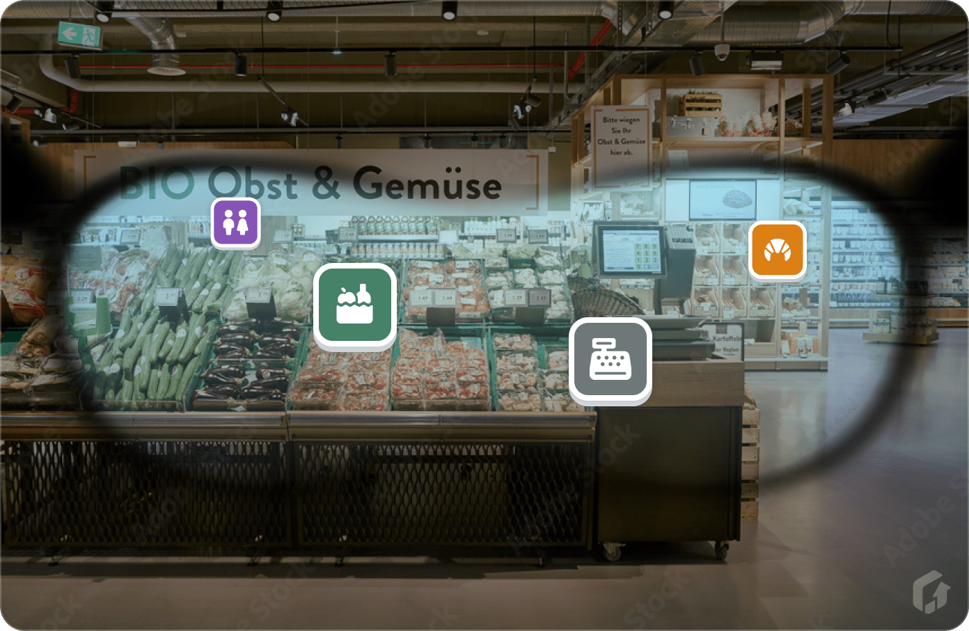 A view of a supermarket through AR glasses showing overlaid information about groceries.