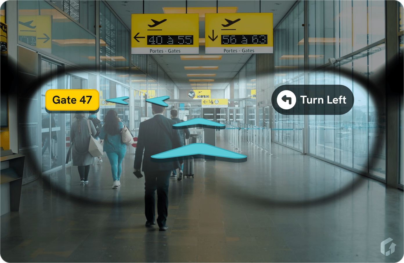 A view of an airport concourse through AR glasses showing directions to the gate.