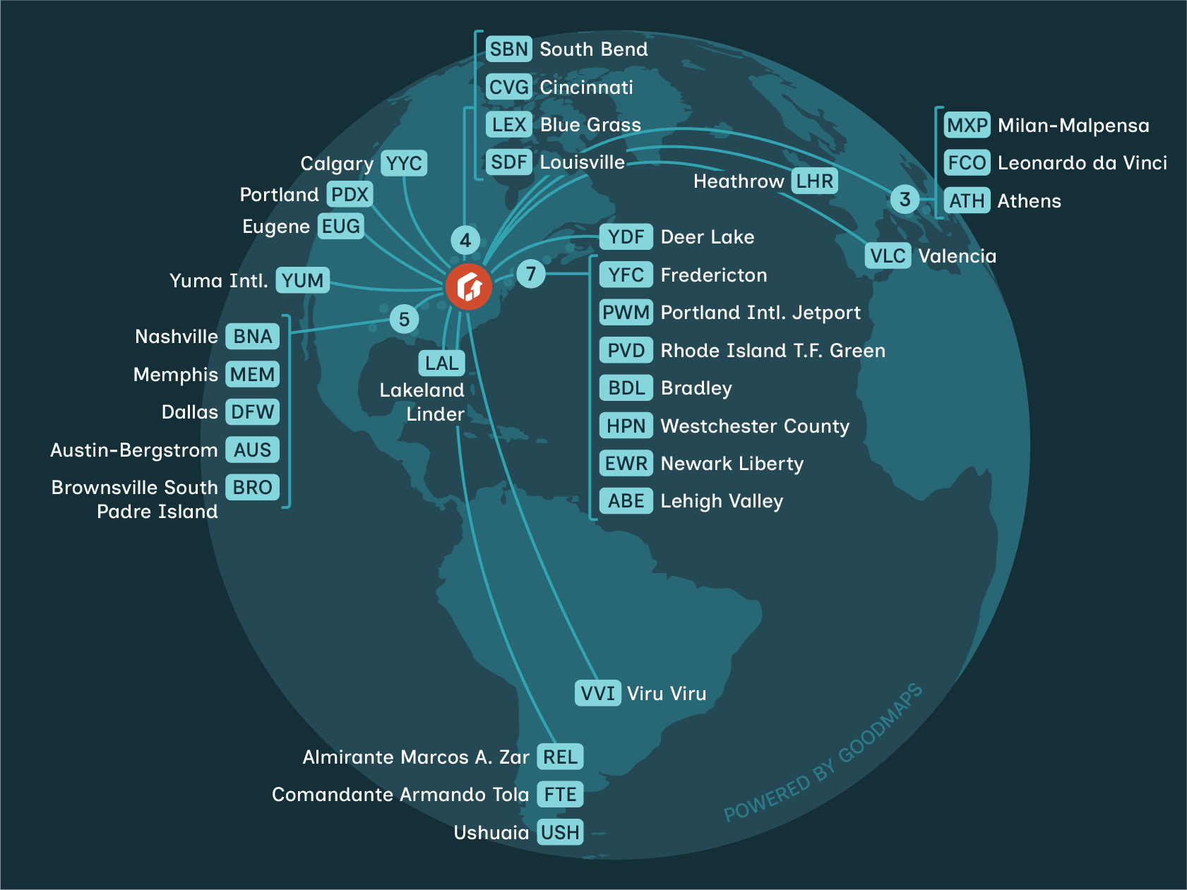 A globe displaying flight paths from Louisville Airport (SDF) extending to our airport regions worldwide.