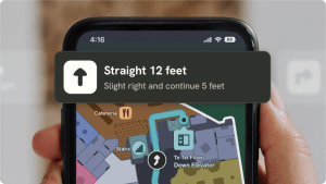 The GoodMaps app with a navigation prompts displayed